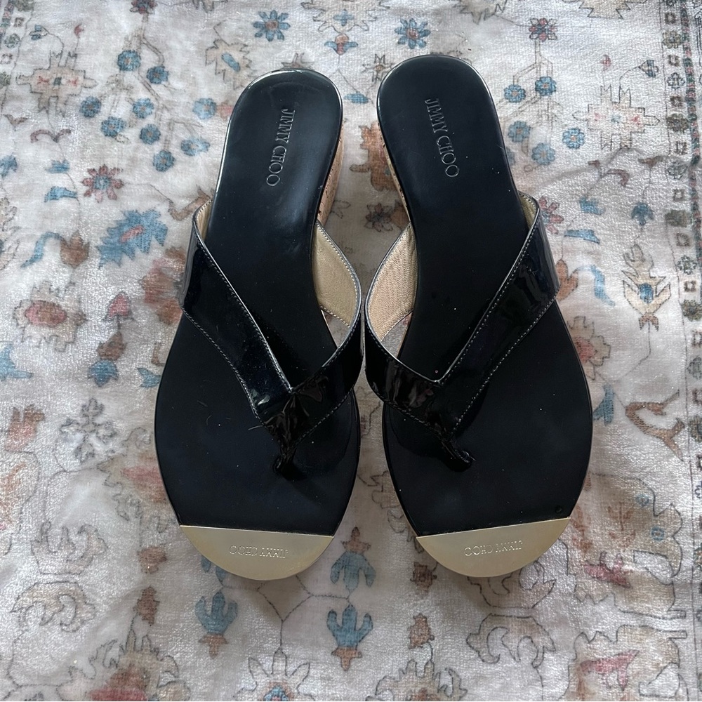 Jimmy Choo Black and Gold Patent Leather Thong Sandals